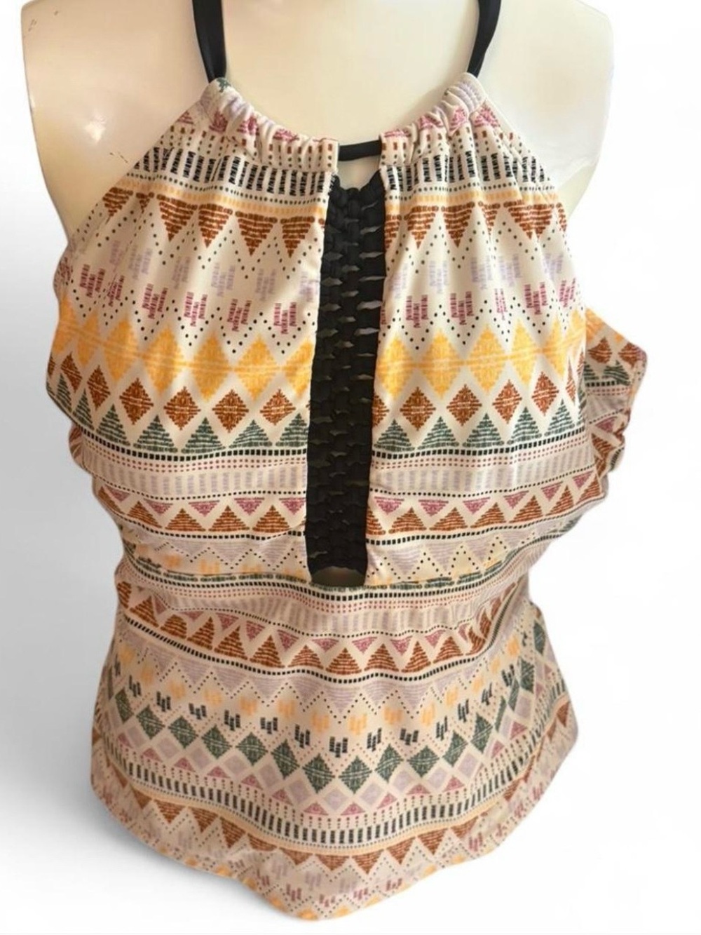 Allure Cream Tribal Halter Tankini with Black Lace Inset